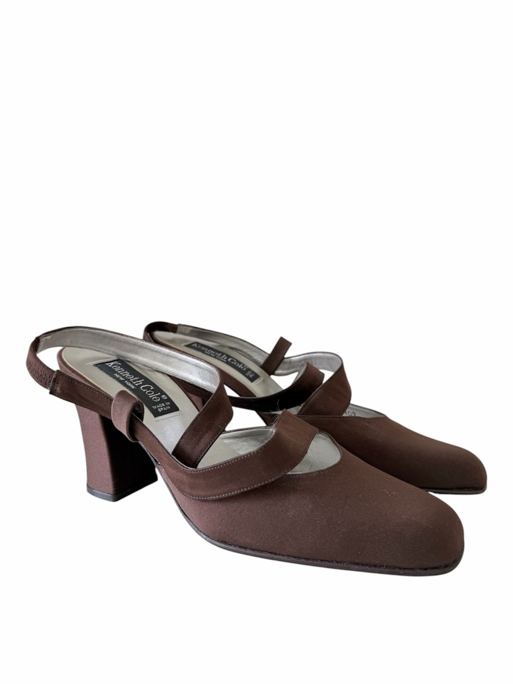 Vintage Kenneth Cole Brown Satin Asymmetrical Slingback Heels 8.5 Spain